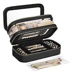 A transparent pouch is included for brushes, pencils, mascara, and more, made from easy-to-clean PVC. The bottom tier has a big mirror so you can check your look on the go
